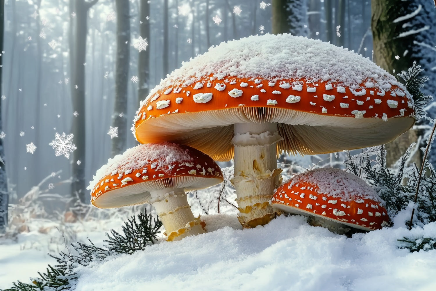 Toile de fond Photo Hiver Forêt de Conte de Fées Chute de Neige Champignon Rouge Géant CSH58-43