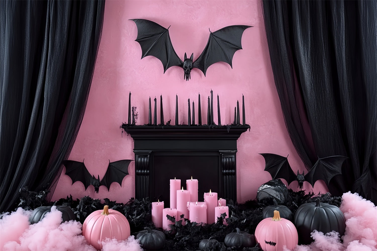 Fond Photo Halloween Cheminée Rose Gothique Manteau Chauve-Souris CSH58-61