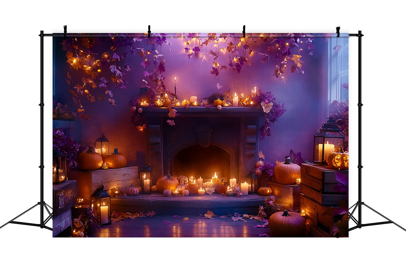 Fond Studio Halloween Cheminée Feuilles D’Automne Lueur Bougies CSH58-64