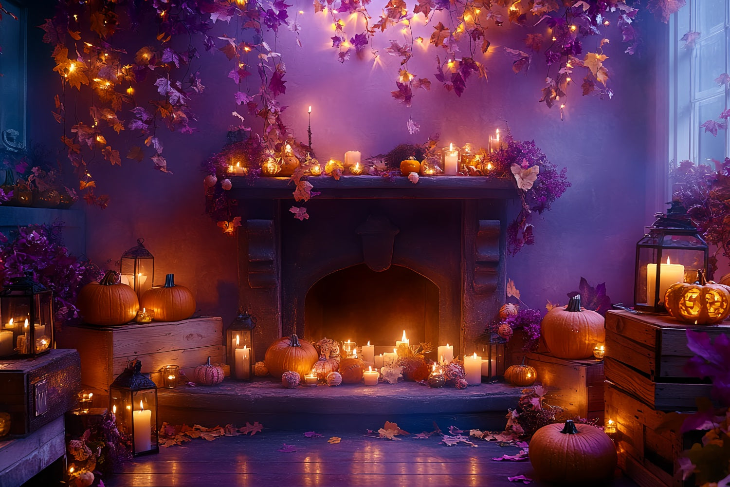 Fond Studio Halloween Cheminée Feuilles D’Automne Lueur Bougies CSH58-64