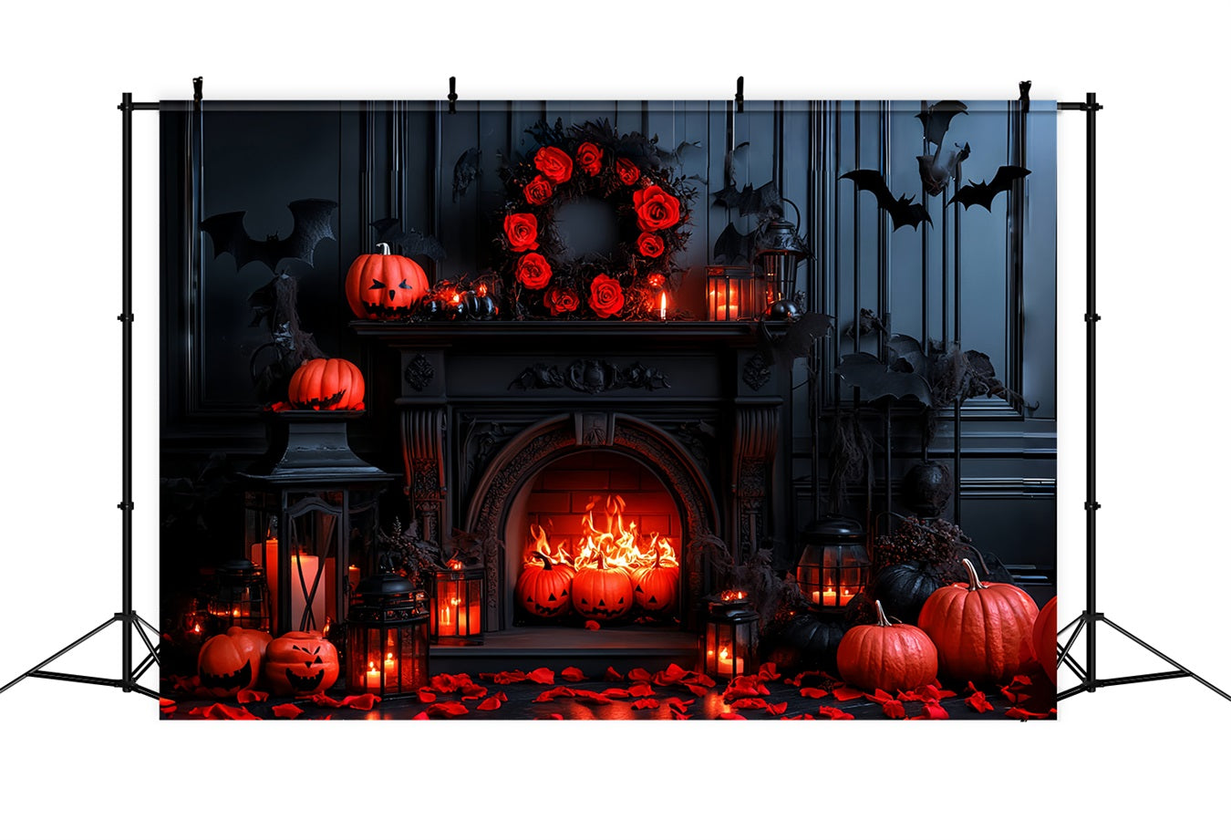 Fond De Photo Halloween Chauve-Souris Citrouille Cheminée CSH58-65