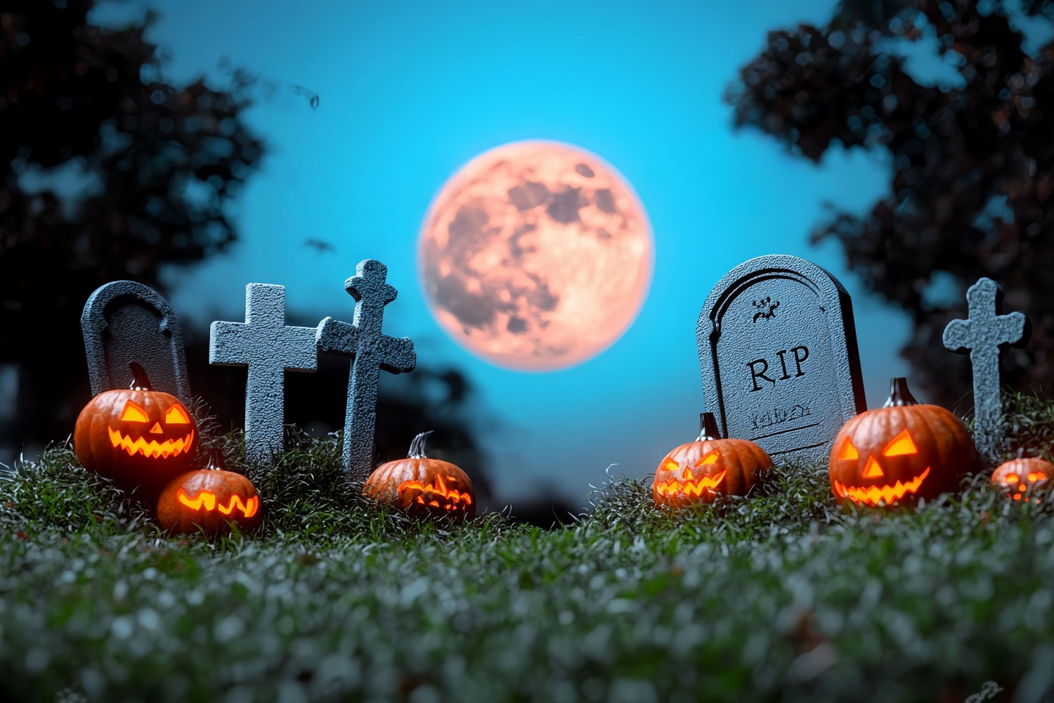 Toile Halloween Cimetière Citrouilles Pleine Lune CSH58-69