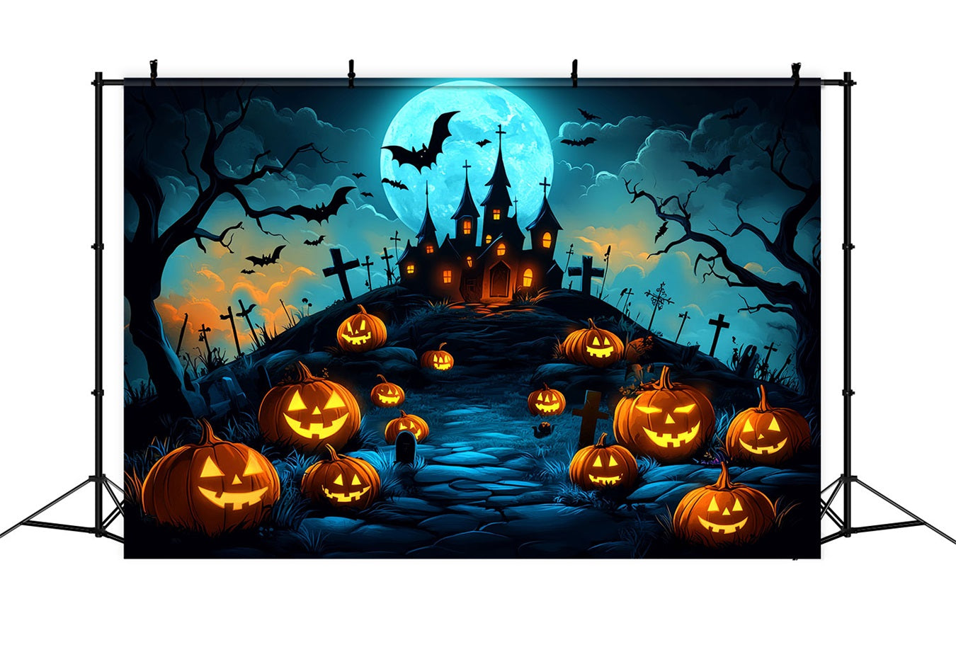 Fond Studio Halloween Colline Citrouilles Château Hanté Idées CSH58-70
