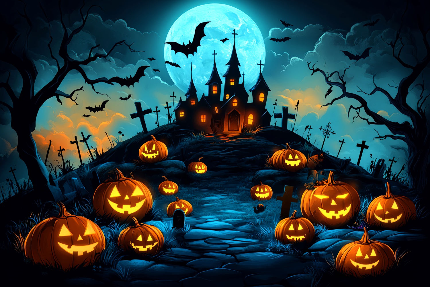 Fond Studio Halloween Colline Citrouilles Château Hanté Idées CSH58-70