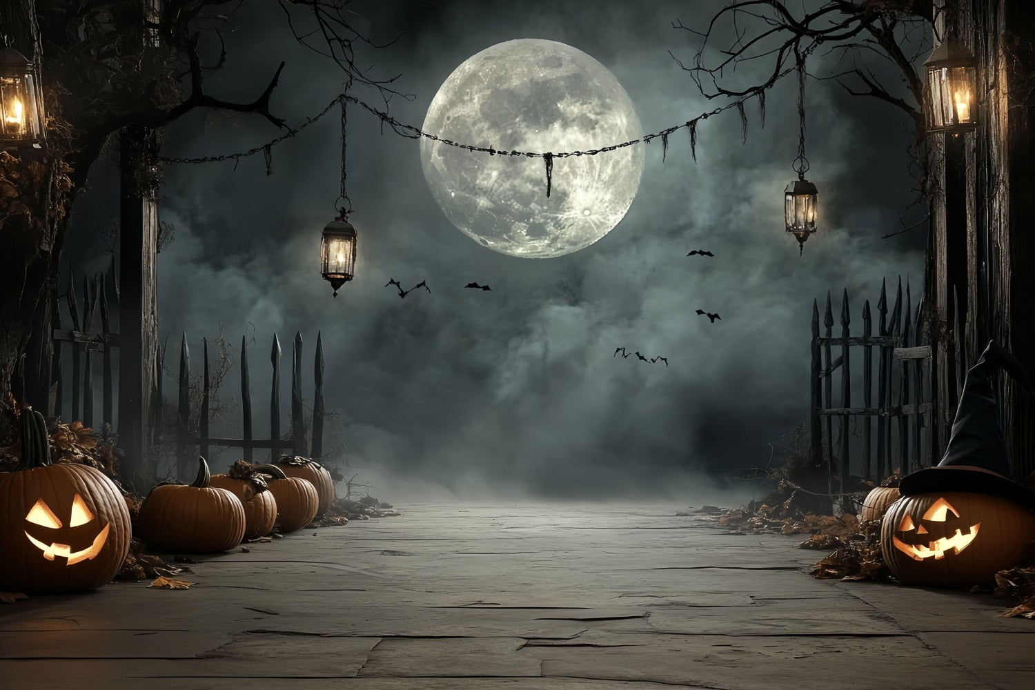 Toile Photo Halloween Lanterne Citrouille Allée Clair De Lune Idées CSH58-72