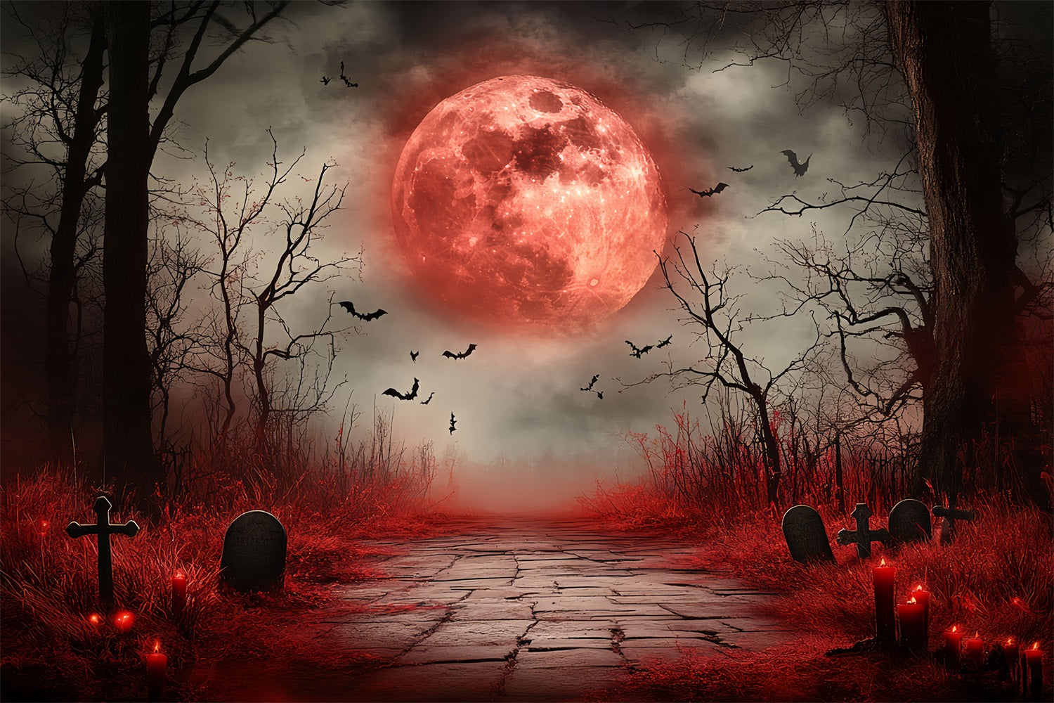 Fond Photo Halloween Lune Sanglante Cimetière Hanté CSH58-73