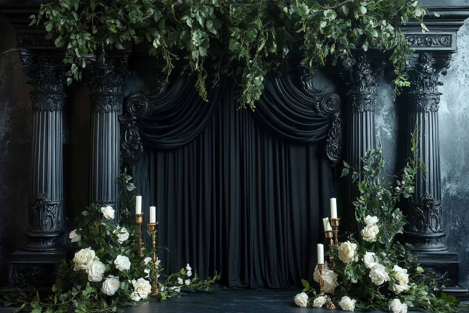 Fond De Photo Halloween Piliers Noirs Roses Bougies CSH58-77