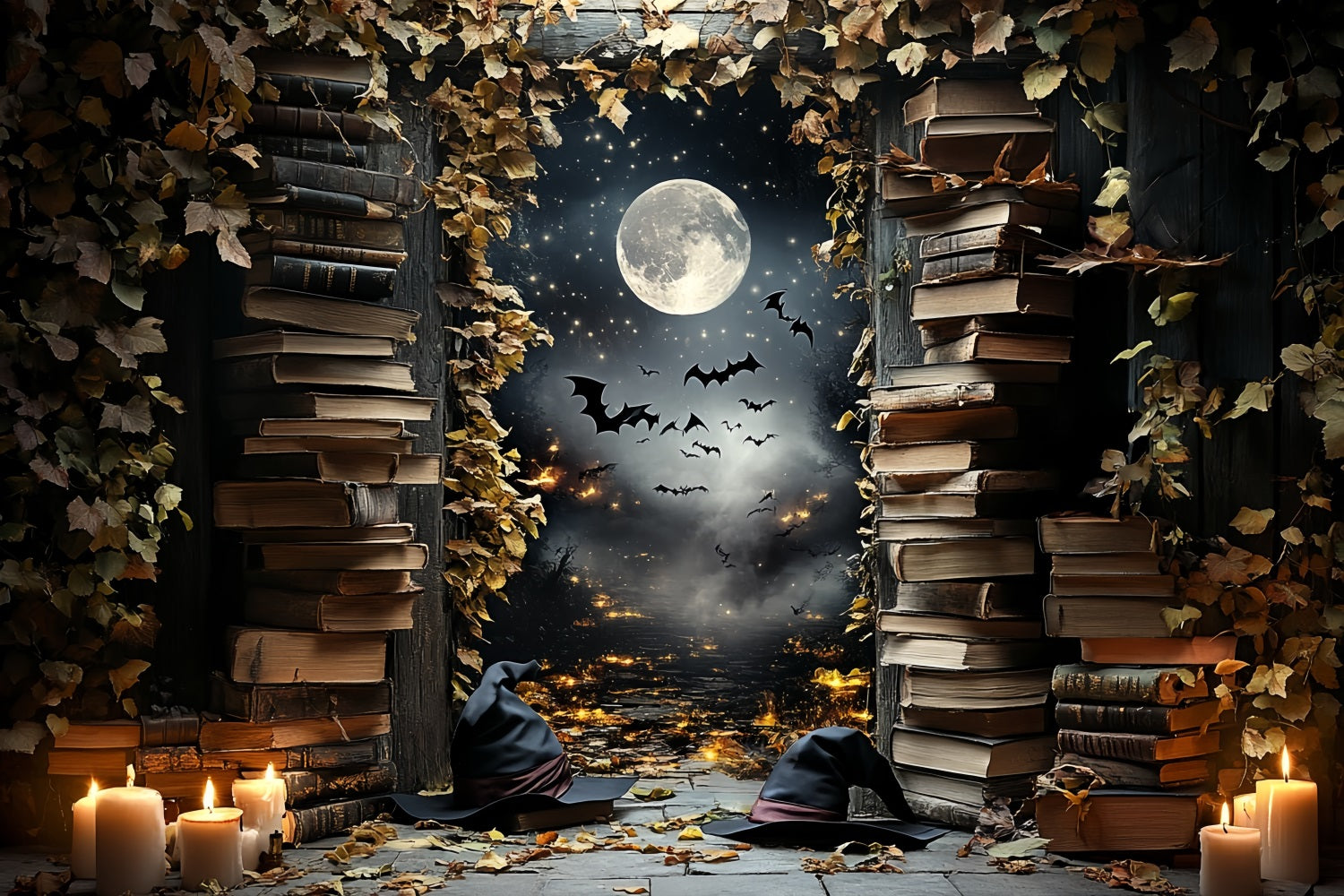 Toile Photo Halloween Bibliothèque Sorcière Chauves-Souris Clair De Lune Idées CSH58-84