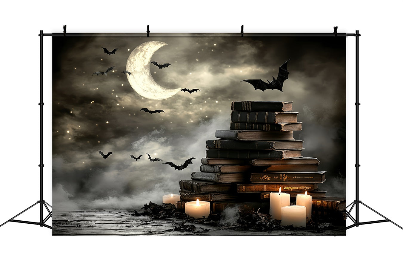 Toile De Fond Halloween Lune Croissante Chauves-Souris Livres Bougies CSH58-86