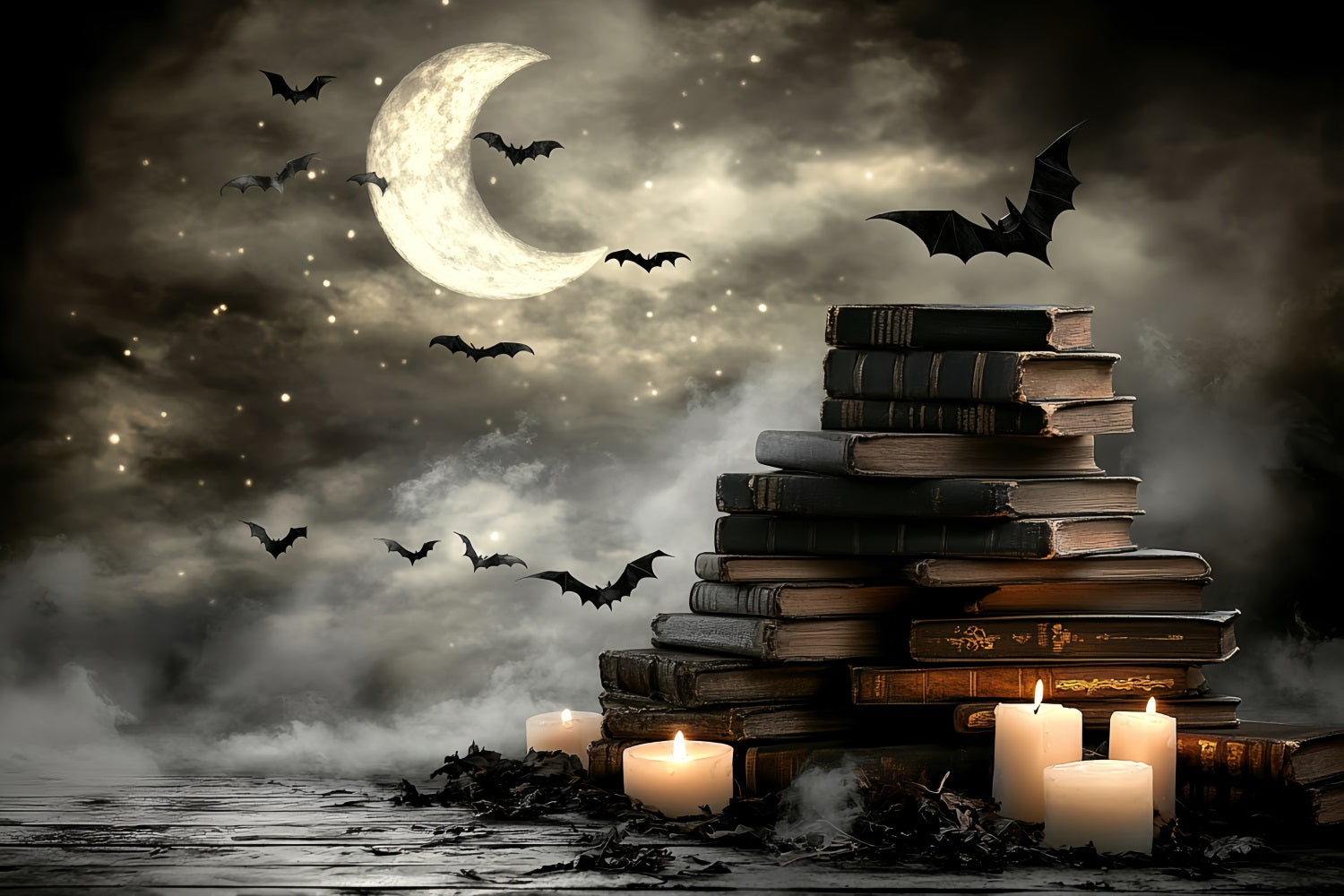 Toile De Fond Halloween Lune Croissante Chauves-Souris Livres Bougies CSH58-86