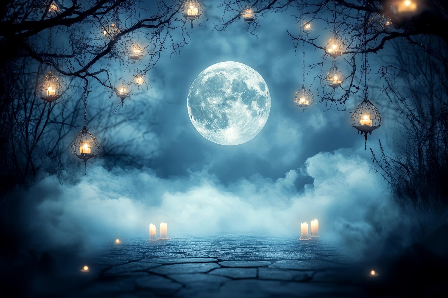 Toile Halloween Pleine Lune Brume Lanternes Bougies CSH58-87