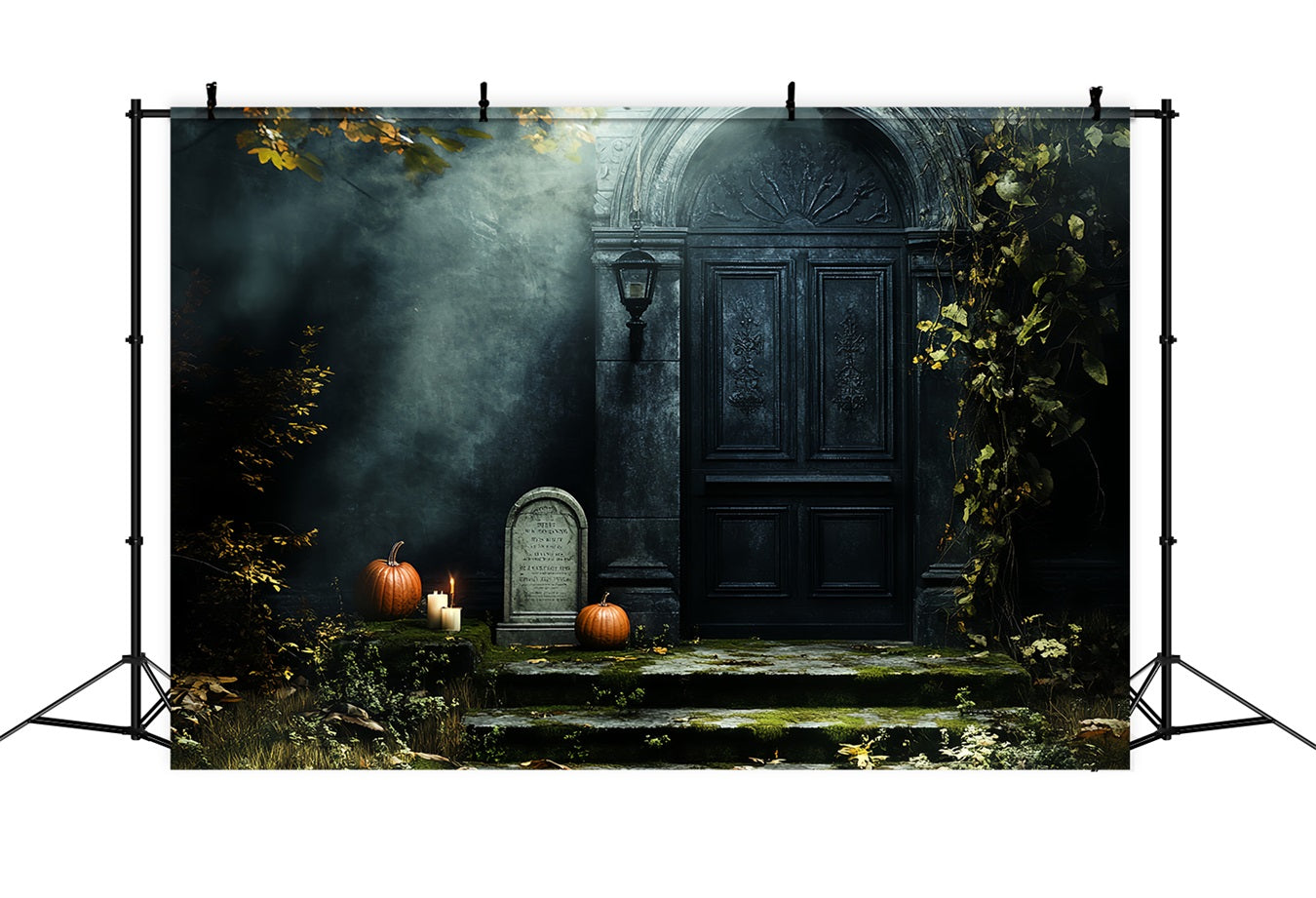 Fond Studio Halloween Porte Hantée Citrouilles Mousse Pierre Tombale CSH58-88