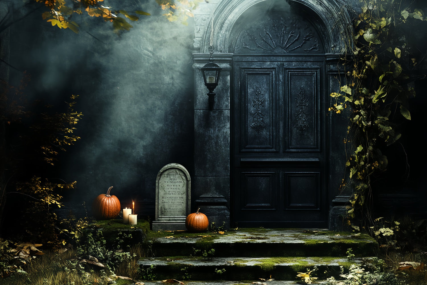Fond Studio Halloween Porte Hantée Citrouilles Mousse Pierre Tombale CSH58-88