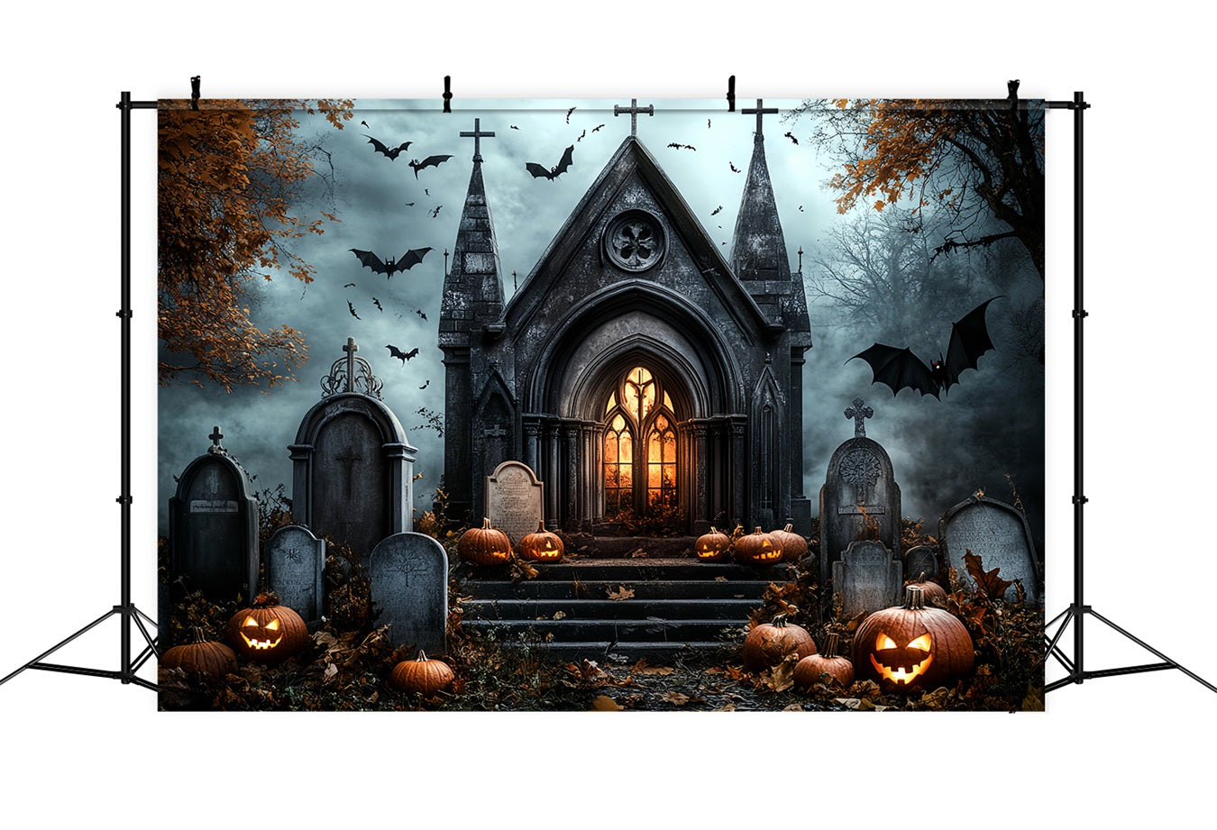 Fond De Photo Halloween Église Gothique Citrouilles Chauves-Souris Pierres Tombales CSH58-89