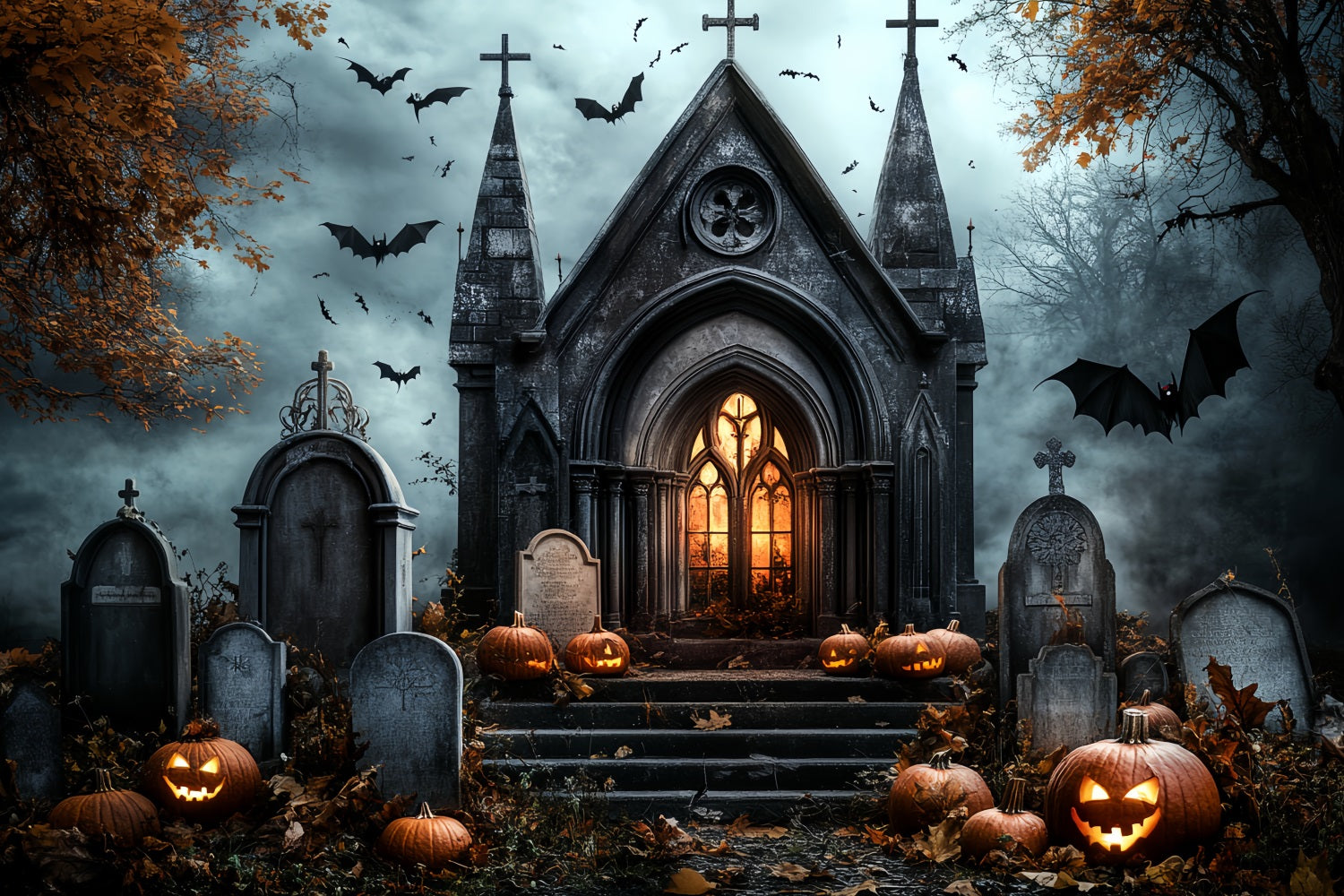 Fond De Photo Halloween Église Gothique Citrouilles Chauves-Souris Pierres Tombales CSH58-89