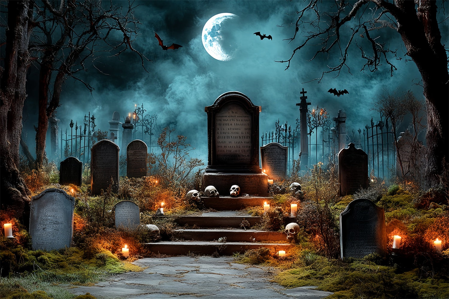 Toile Photo Halloween Tombes Effrayantes Nuit Chauves-Souris CSH58-90