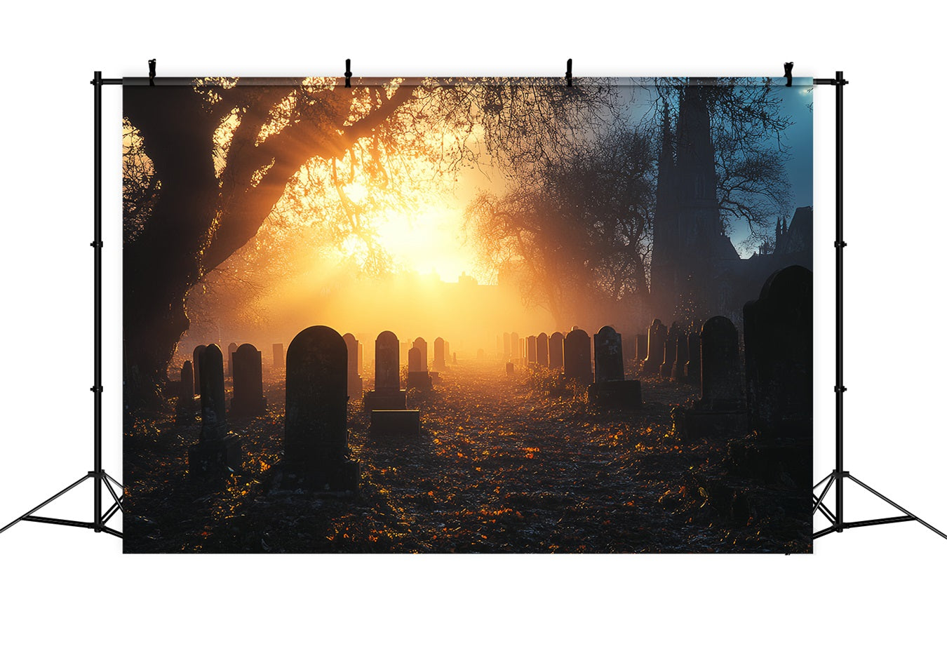 Toile De Fond Halloween Cimetière Coucher De Soleil Doré Brume CSH58-92