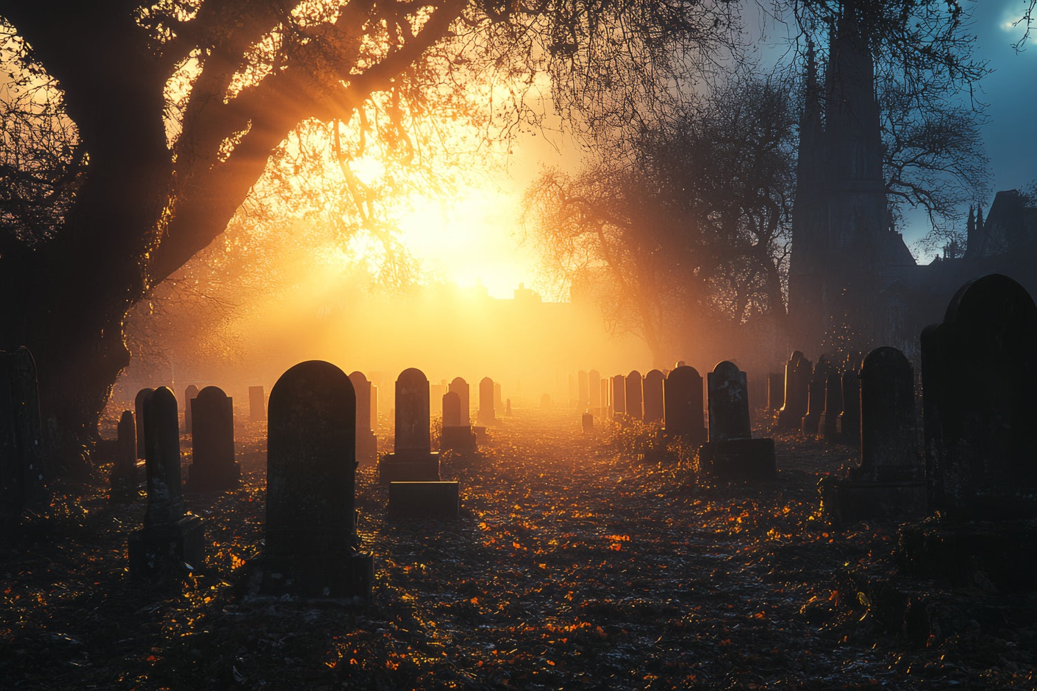 Toile De Fond Halloween Cimetière Coucher De Soleil Doré Brume CSH58-92