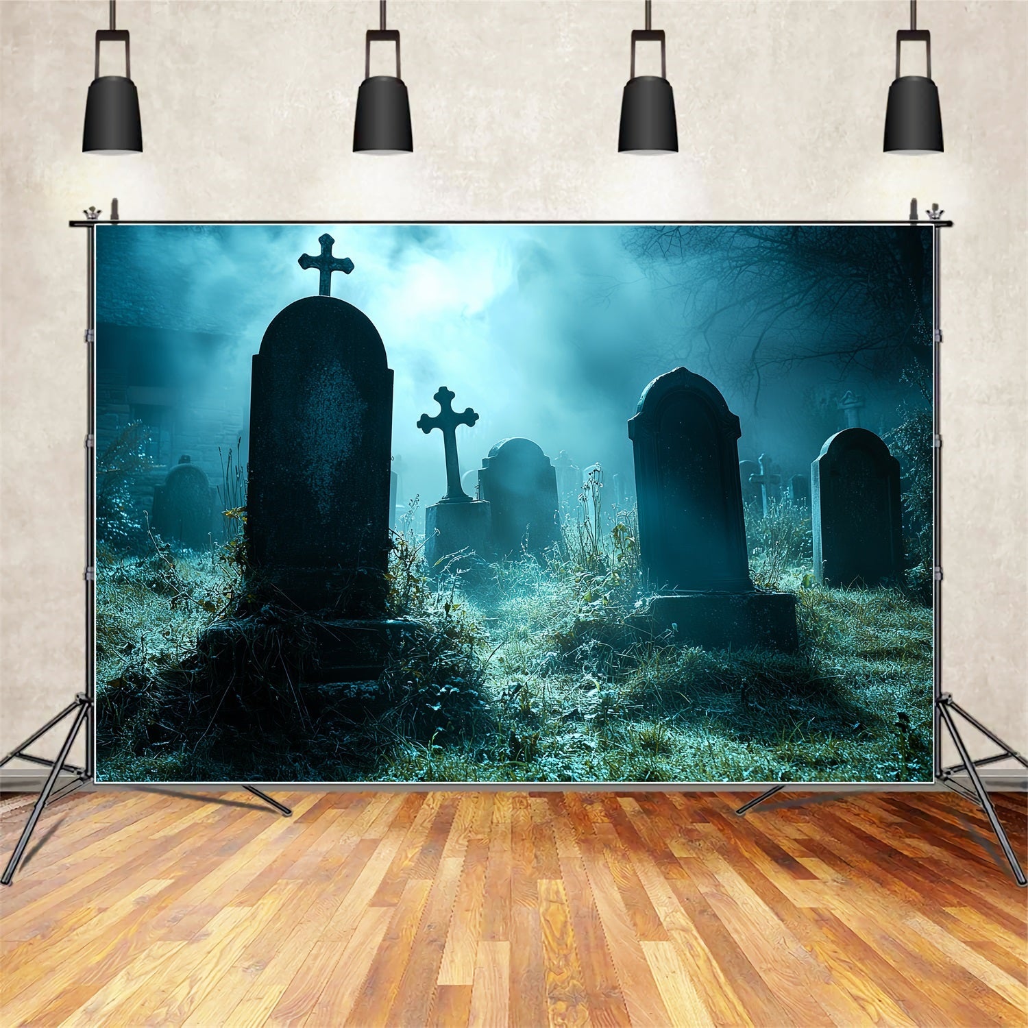 Fond Studio Halloween Cimetière Brume Minuit Croix CSH58-94