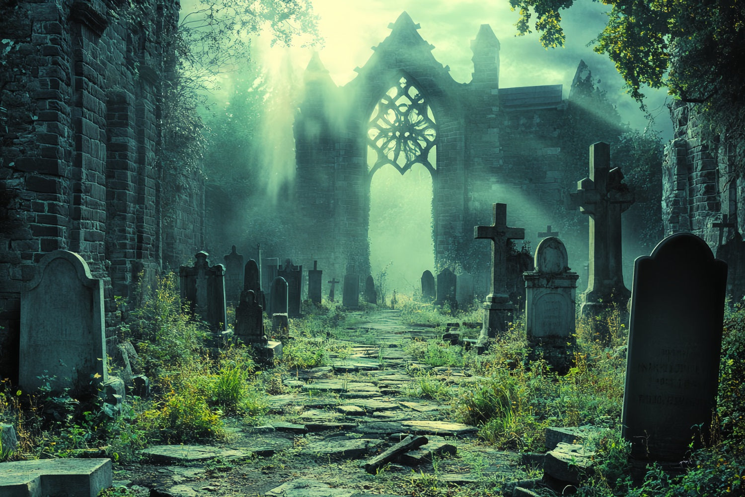 Fond De Photo Halloween Cathédrale En Ruine Ombres Cimetière CSH58-95