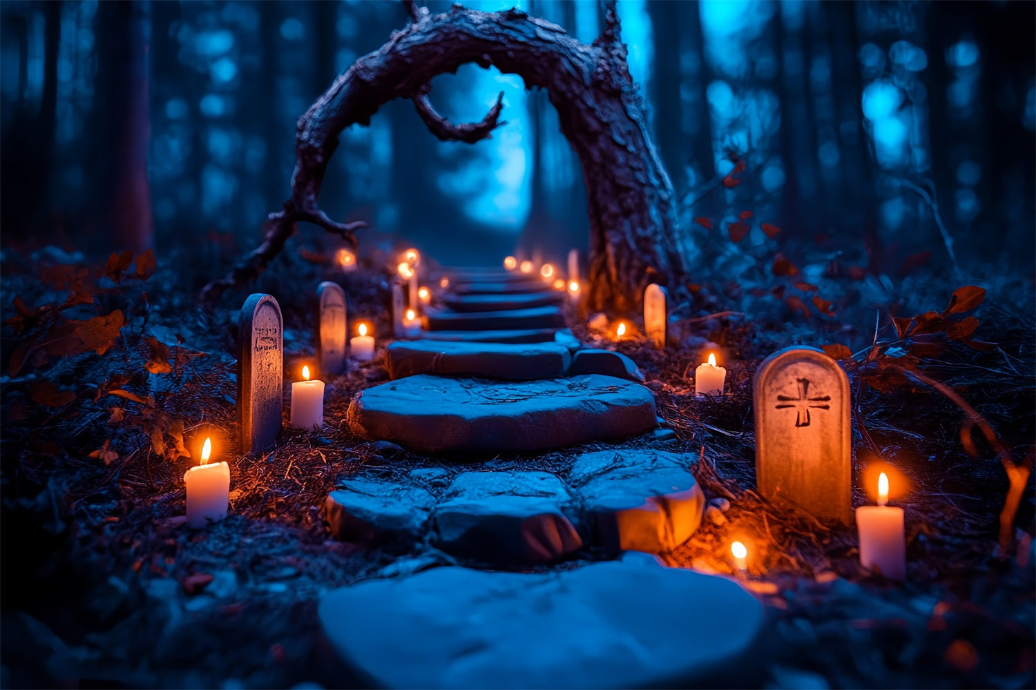 Toile Photo Halloween Tombes Illuminées Sentier Forêt CSH58-96