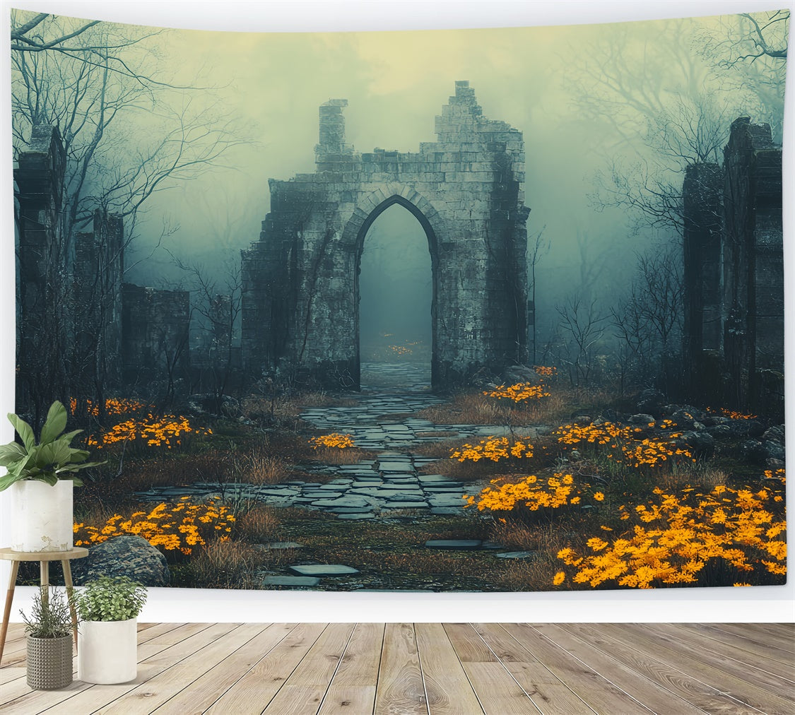 Toile de fond Photographie Halloween Ruines Brumeuses Fleurs CSH6-103