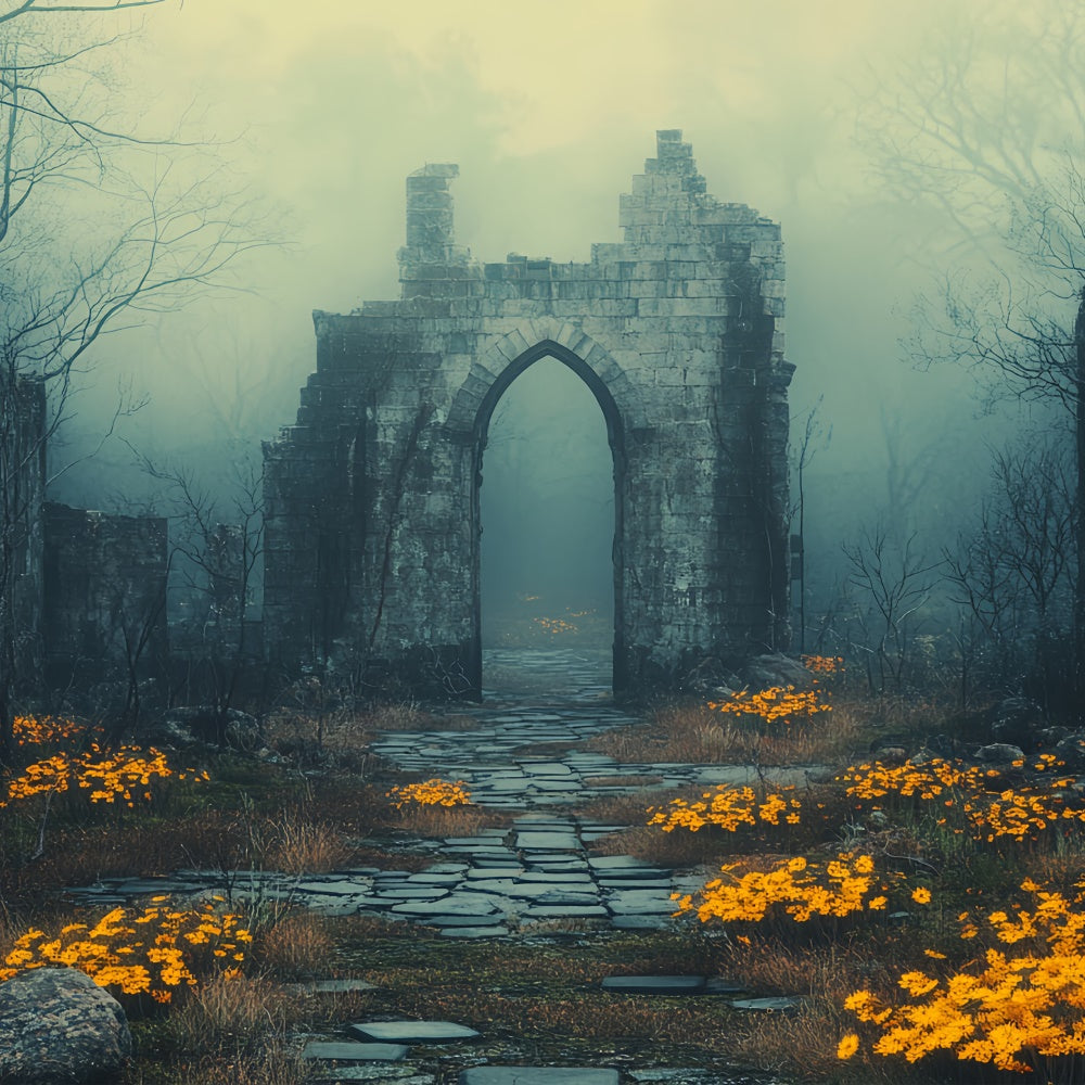 Toile de fond Photographie Halloween Ruines Brumeuses Fleurs CSH6-103