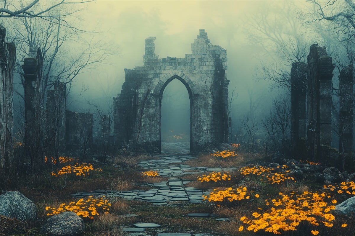 Toile de fond Photographie Halloween Ruines Brumeuses Fleurs CSH6-103