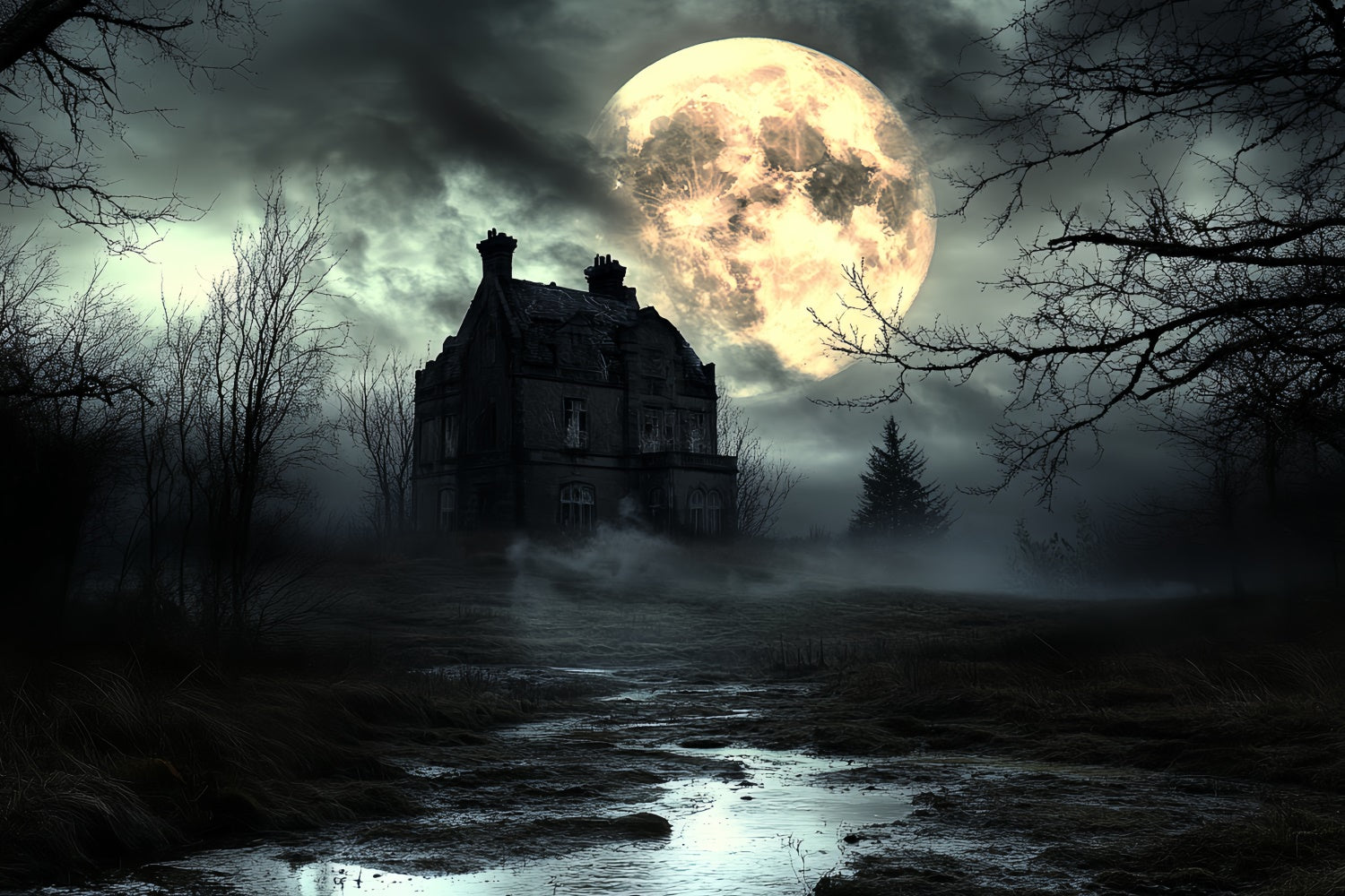 Toile de fond Halloween Lune Nuit Horreur Brumeuse CSH6-105