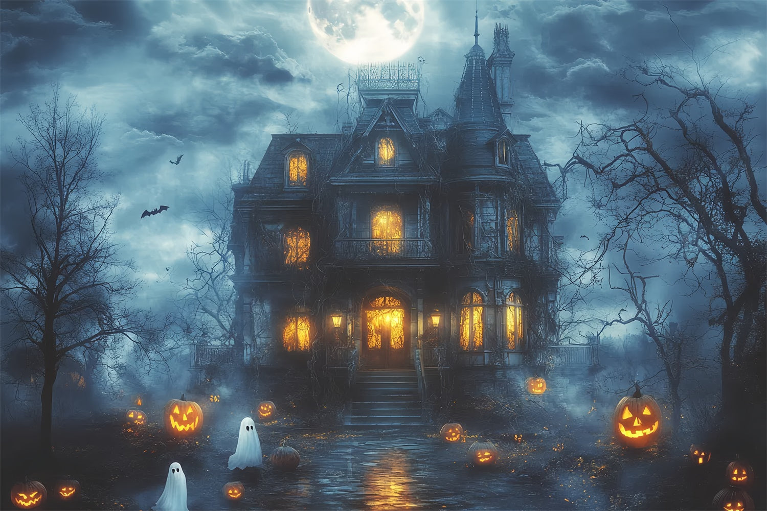 Toile de fond Halloween Effrayant Manoir Clair de Lune Hanté CSH6-107