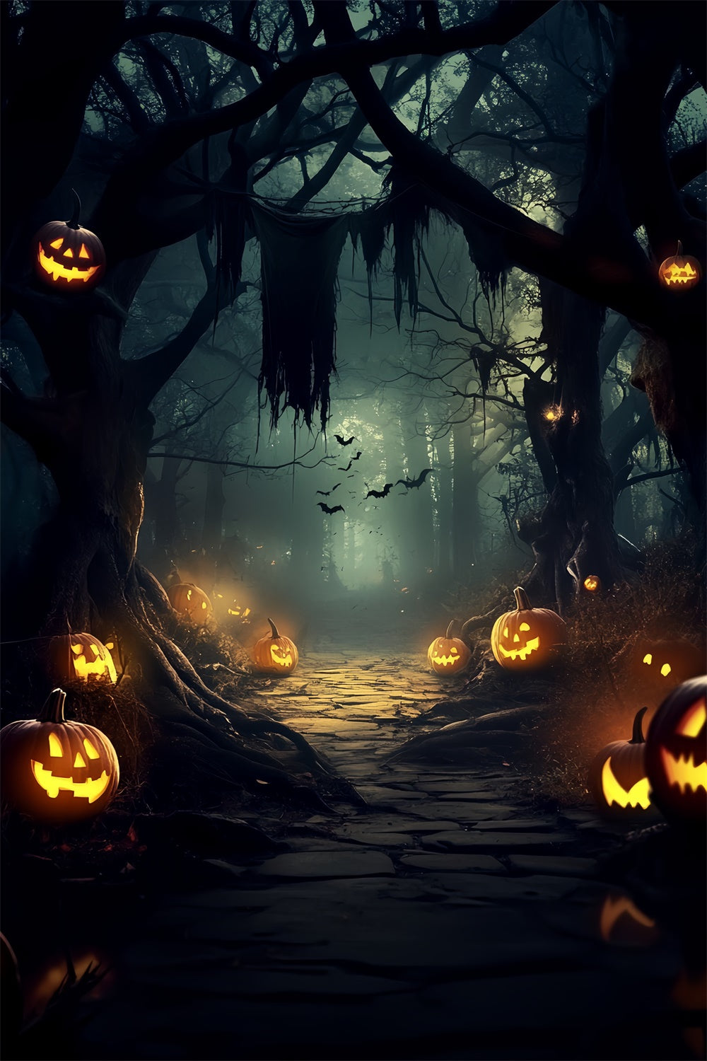 Toile de fond Forêt Effrayante Sentier Citrouille Hantée Halloween CSH6-109