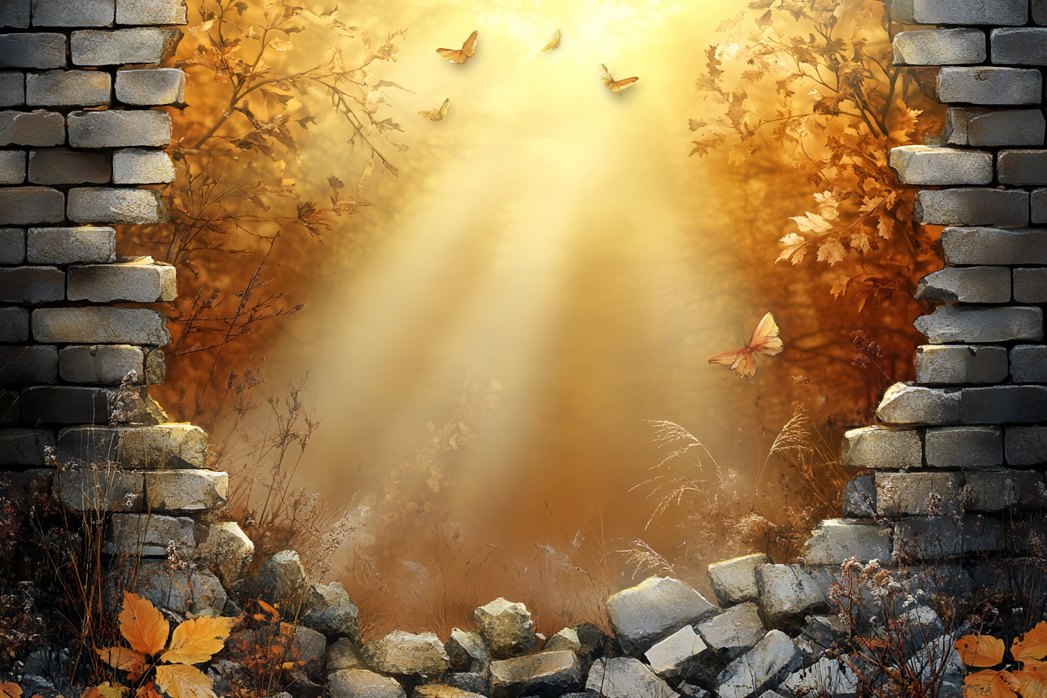 Toile de fond Automne Scène de Papillons sur Mur de Brique CSH6-136