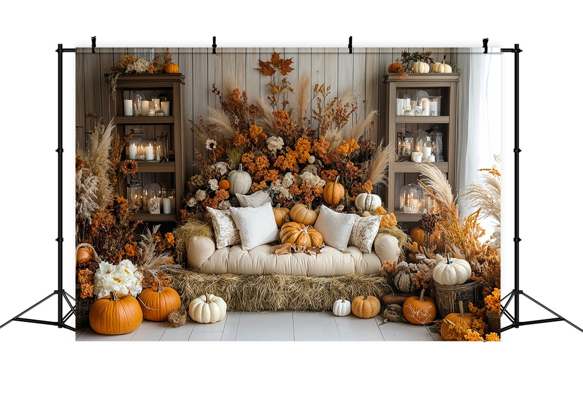 Toile de fond Photo Automne Meule de Foin et Havre de Citrouilles CSH6-181
