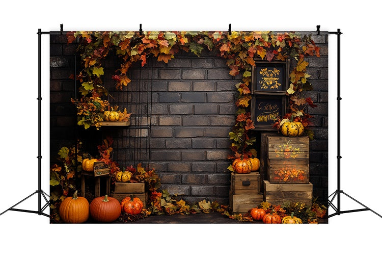 Toile de fond Déco Automne Feuilles et Mur de Briques Rustique CSH6-182