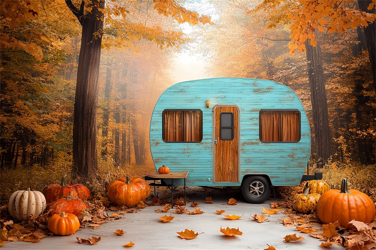 Toile de fond Photo Automne Forêt de Citrouilles et Camping-Car CSH6-200