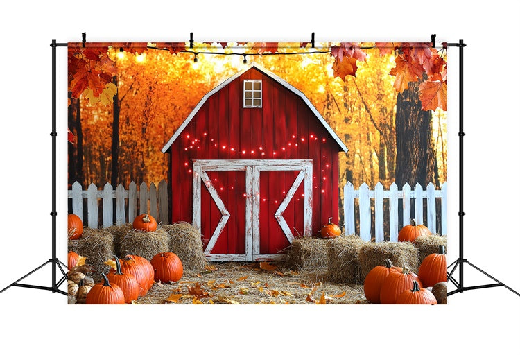 Toile de fond Photo Automne Grange Rouge et Clôture Blanche CSH6-203