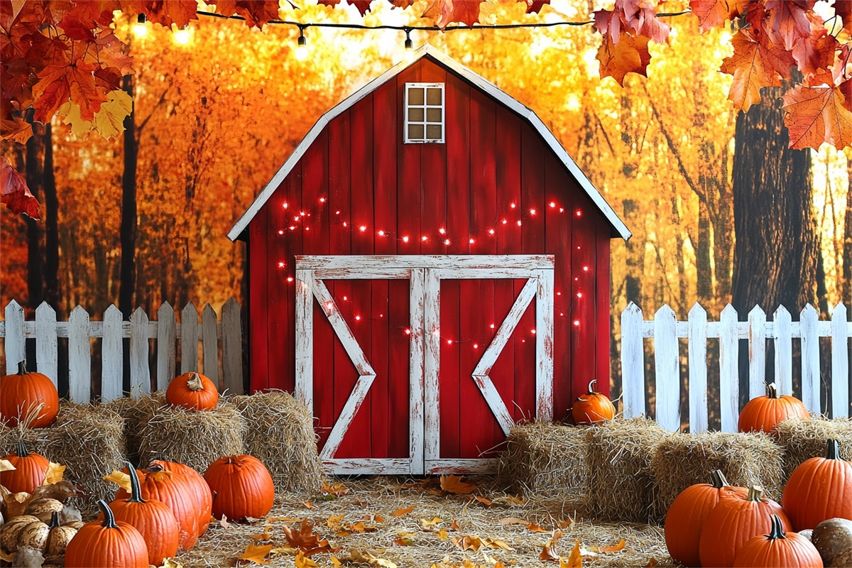 Toile de fond Photo Automne Grange Rouge et Clôture Blanche CSH6-203