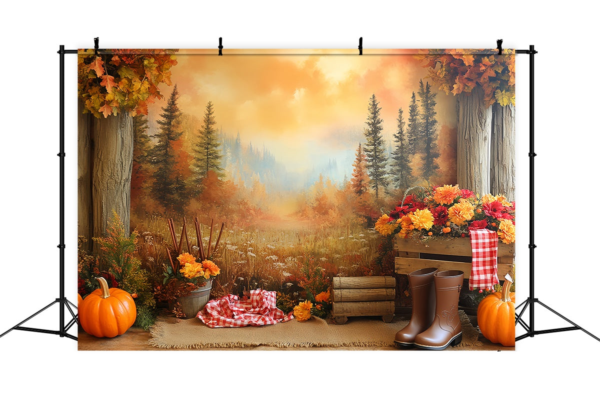 Toile de fond Automne Vue Montagneuse et Citrouilles CSH6-205