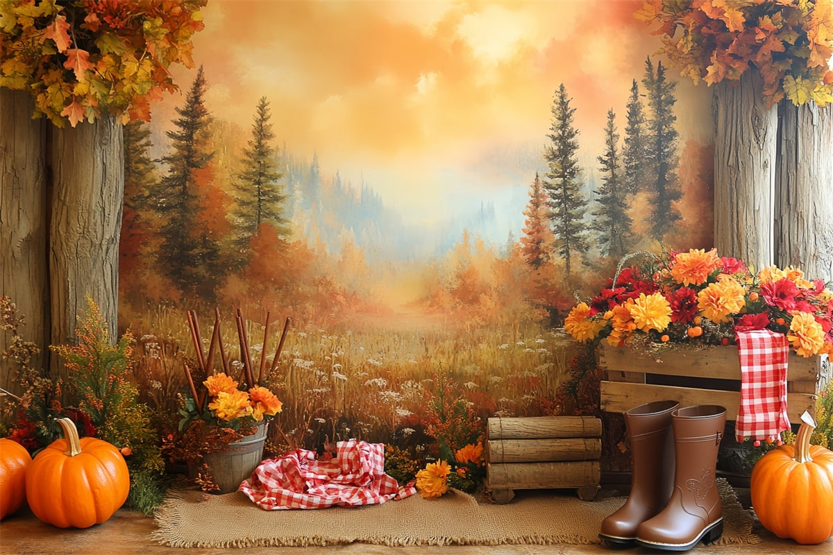 Toile de fond Automne Vue Montagneuse et Citrouilles CSH6-205