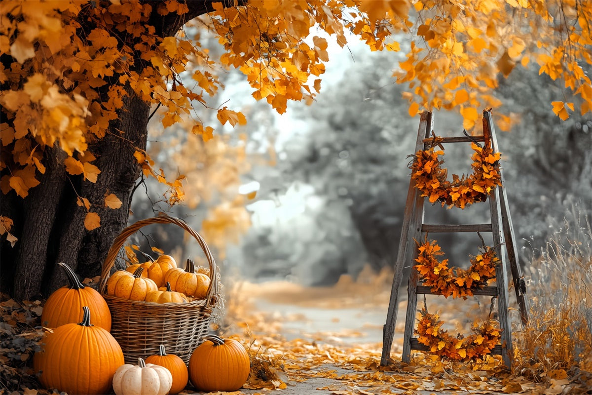 Toile de fond Photo Automne Citrouilles et Échelle de Récolte CSH6-228