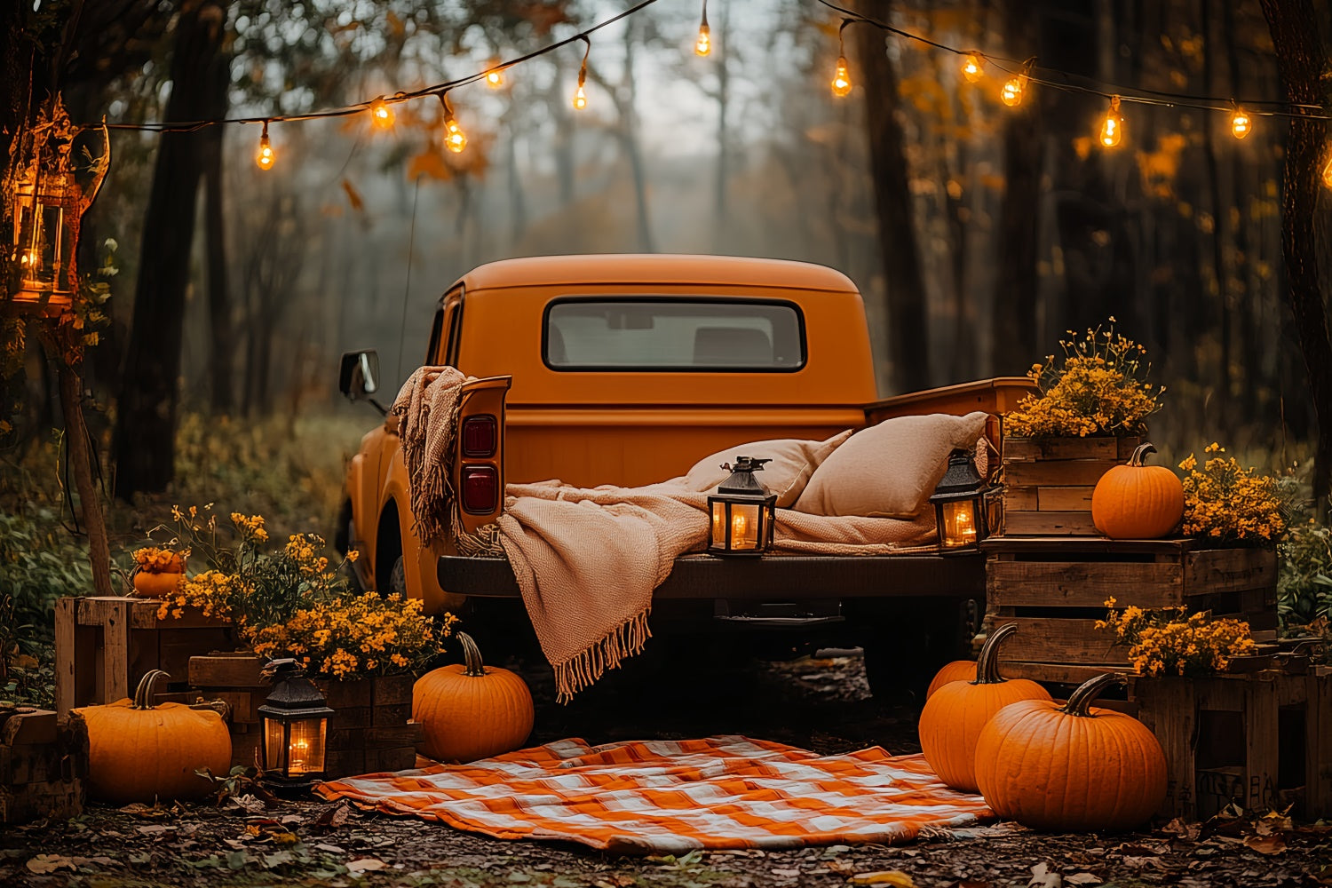 Toile de fond Photo Automne Camion Rustique et Pique-Nique Forêtier CSH6-229