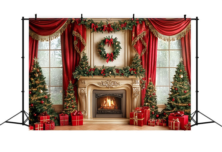 Toile de fond de Noël Cheminée Royale et Rideaux CSH6-243
