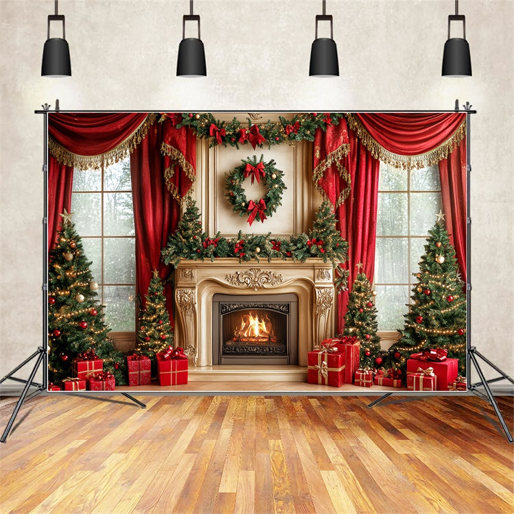Toile de fond de Noël Cheminée Royale et Rideaux CSH6-243