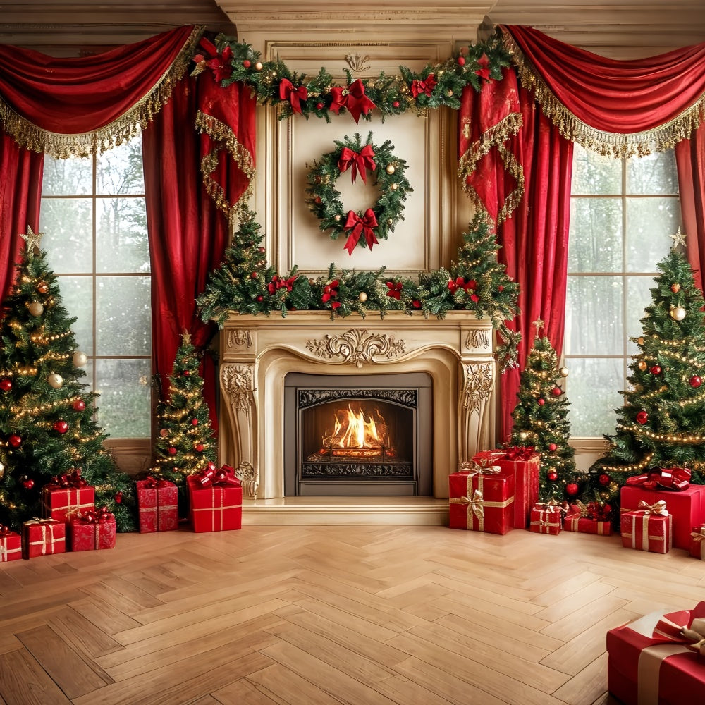 Toile de fond de Noël Cheminée Royale et Rideaux CSH6-243