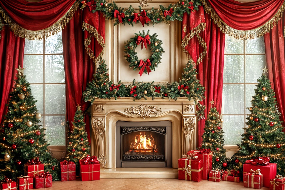 Toile de fond de Noël Cheminée Royale et Rideaux CSH6-243