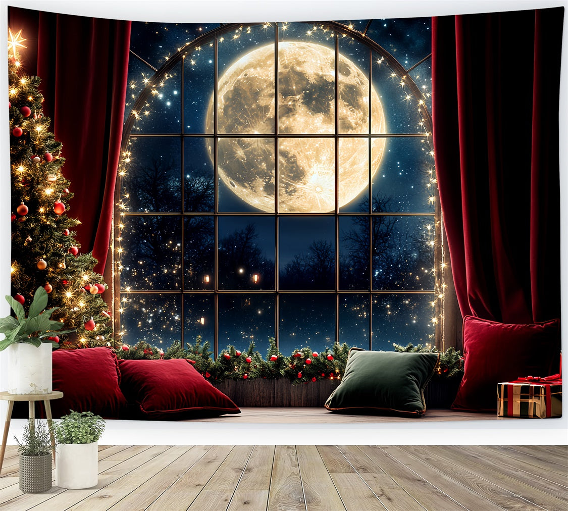 Toile de fond Noël Rideau Rouge et Pleine Lune CSH6-250