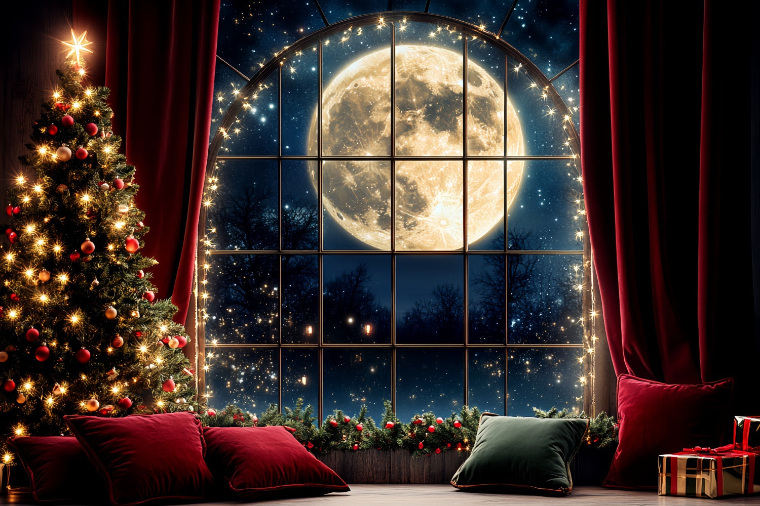 Toile de fond Noël Rideau Rouge et Pleine Lune CSH6-250