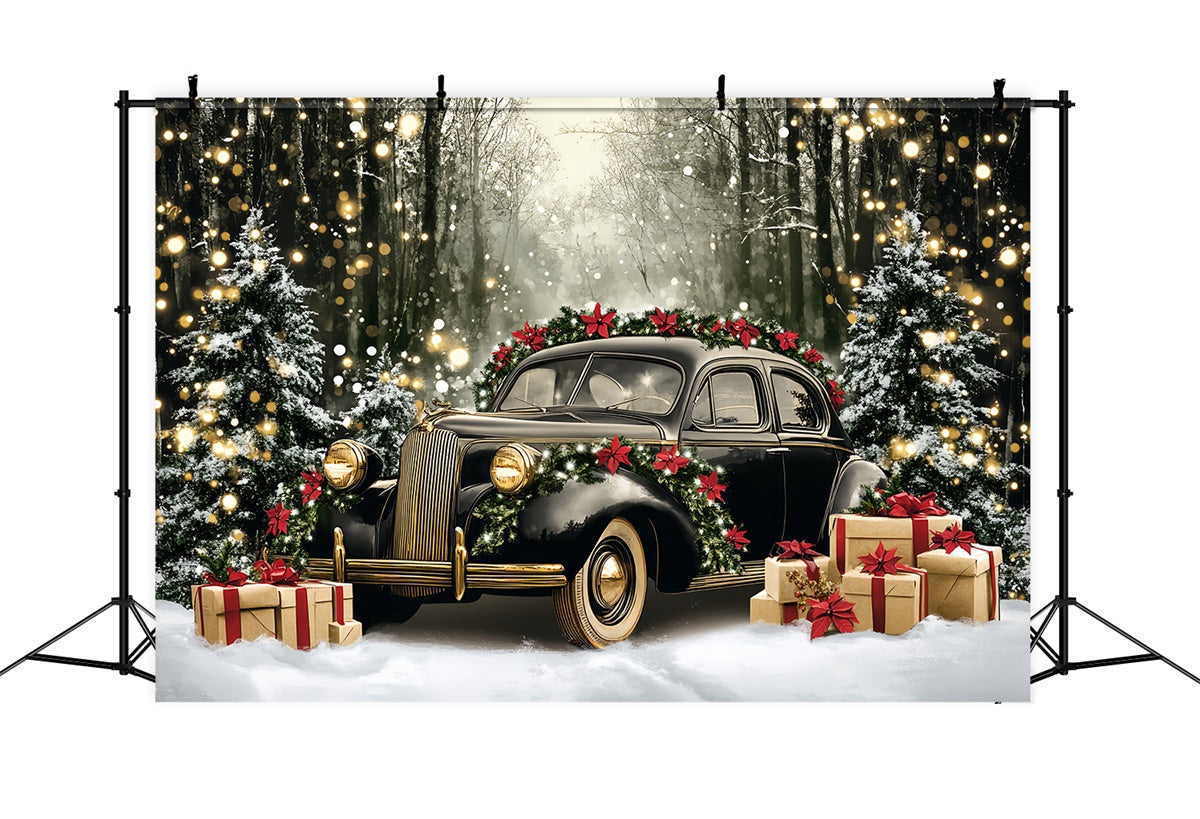 Toile de fond photo Noël Voiture Vintage et Forêt CSH6-256