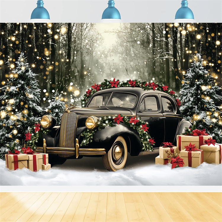 Toile de fond photo Noël Voiture Vintage et Forêt CSH6-256