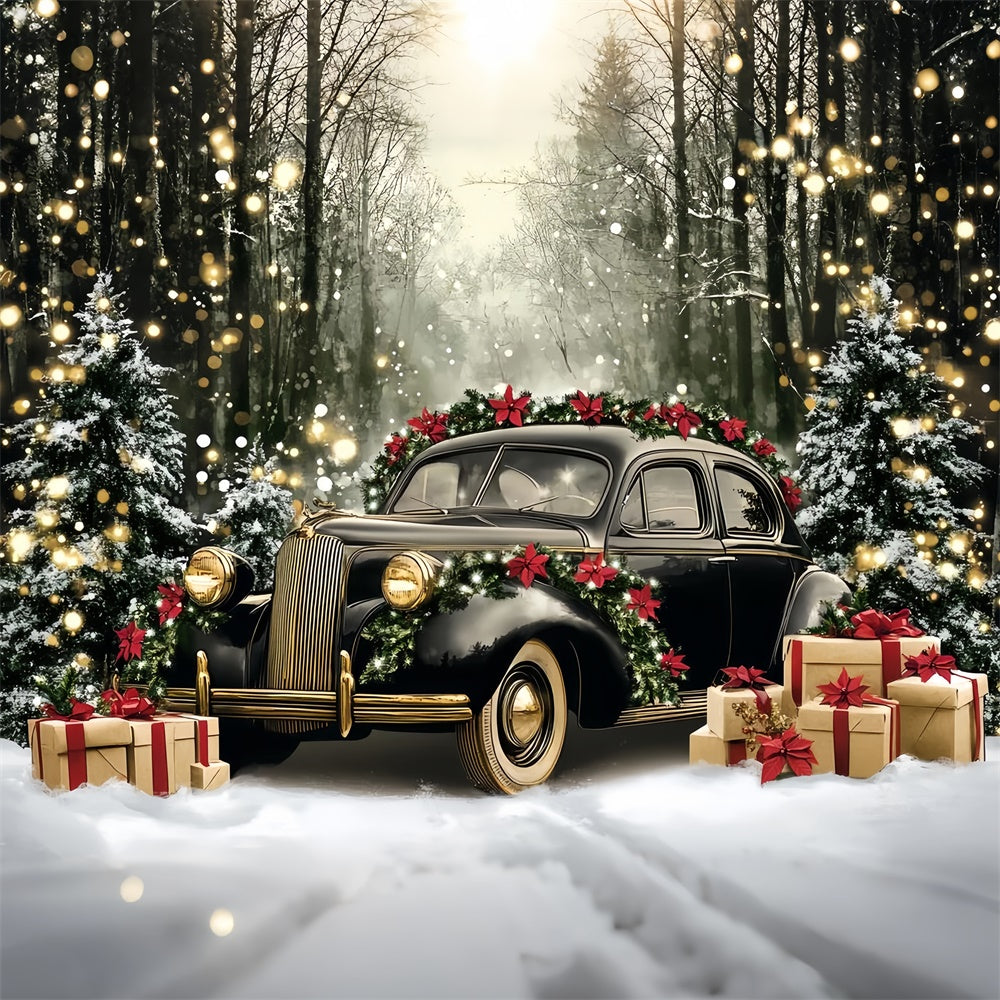 Toile de fond photo Noël Voiture Vintage et Forêt CSH6-256